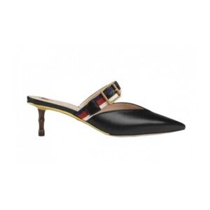 Gucci-Black Leather Pointed Mules with Small bamboo Heel and stripe Strap